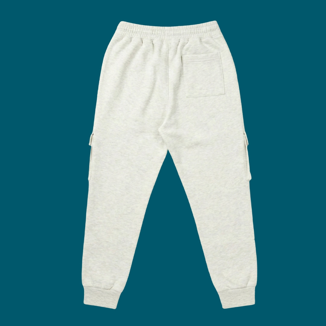 Melange White Sans Carbon Fleece Joggers for Men | 350 GSM Heavyweight, 5-Pocket Zip Utility