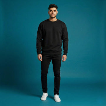 Jet Black Heavyweight Fleece Sweatshirt for Men | 350 GSM Cotton Enriched Winter Sweatshirt