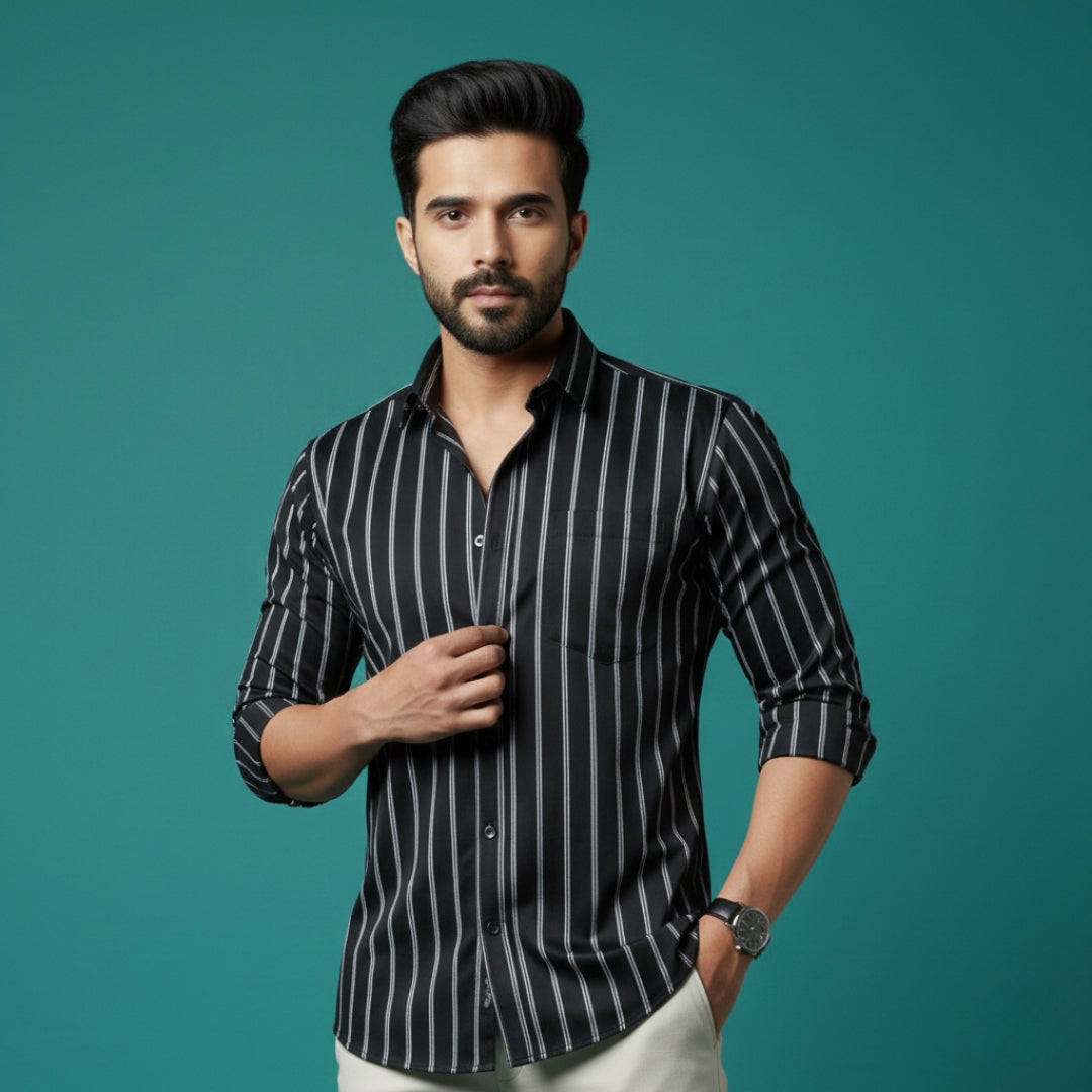 Men’s Black color White Stripe Cotton Satin Shirt | 100% Cotton | Round Neck with Collar | Smart Casual Wear