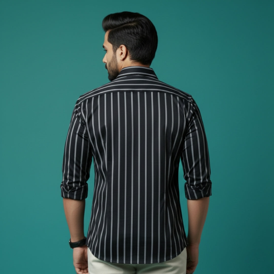 Men’s Smart Casual Outfit | Black White Stripe Cotton Satin Shirt + Beige Cotton Satin Chinos | Slim Fit Premium Combo