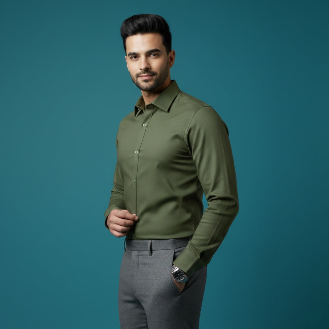 Men’s Olive Green Plain Oxford Cotton Shirt | 100% Cotton 160 GSM | Round Neck with Collar | Smart Casual Wear