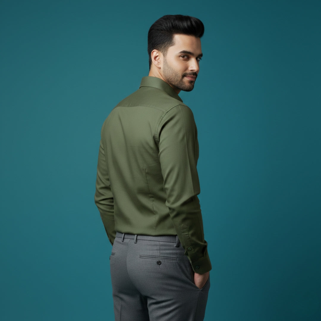 Men’s Smart Casual Outfit | Olive Green Oxford Cotton Shirt + Off-White Cotton Satin Chinos | Slim Fit Premium Combo