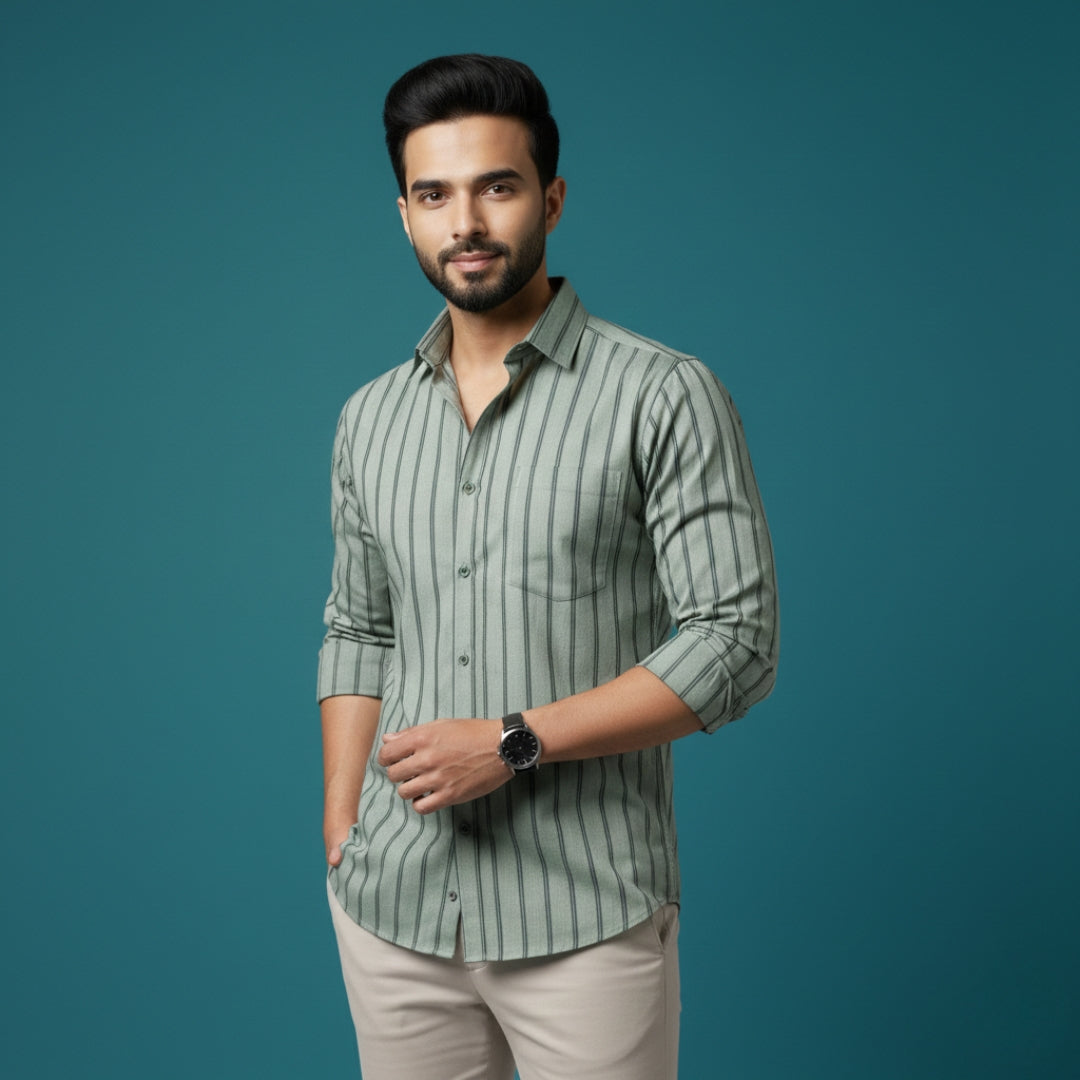 Men’s Green Black Stripe Cotton Satin Shirt | 100% Cotton | Round Neck with Collar | Smart Casual Wear