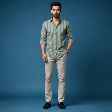 Men’s Green Black Stripe Cotton Satin Shirt | 100% Cotton | Round Neck with Collar | Smart Casual Wear