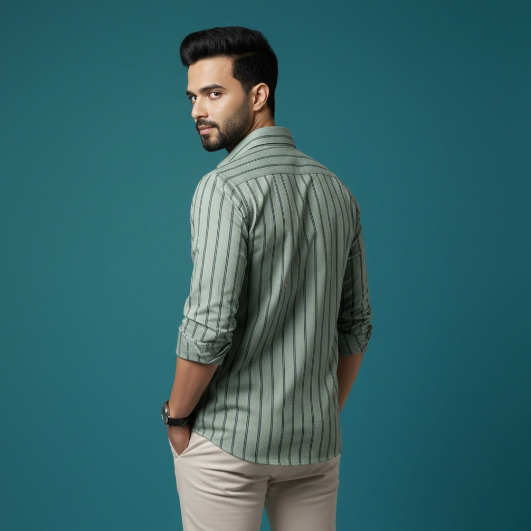 Men’s Smart Casual Outfit | Olive Green Black Stripe Cotton Satin Shirt + Beige Cotton Satin Chinos | Slim Fit Premium Combo