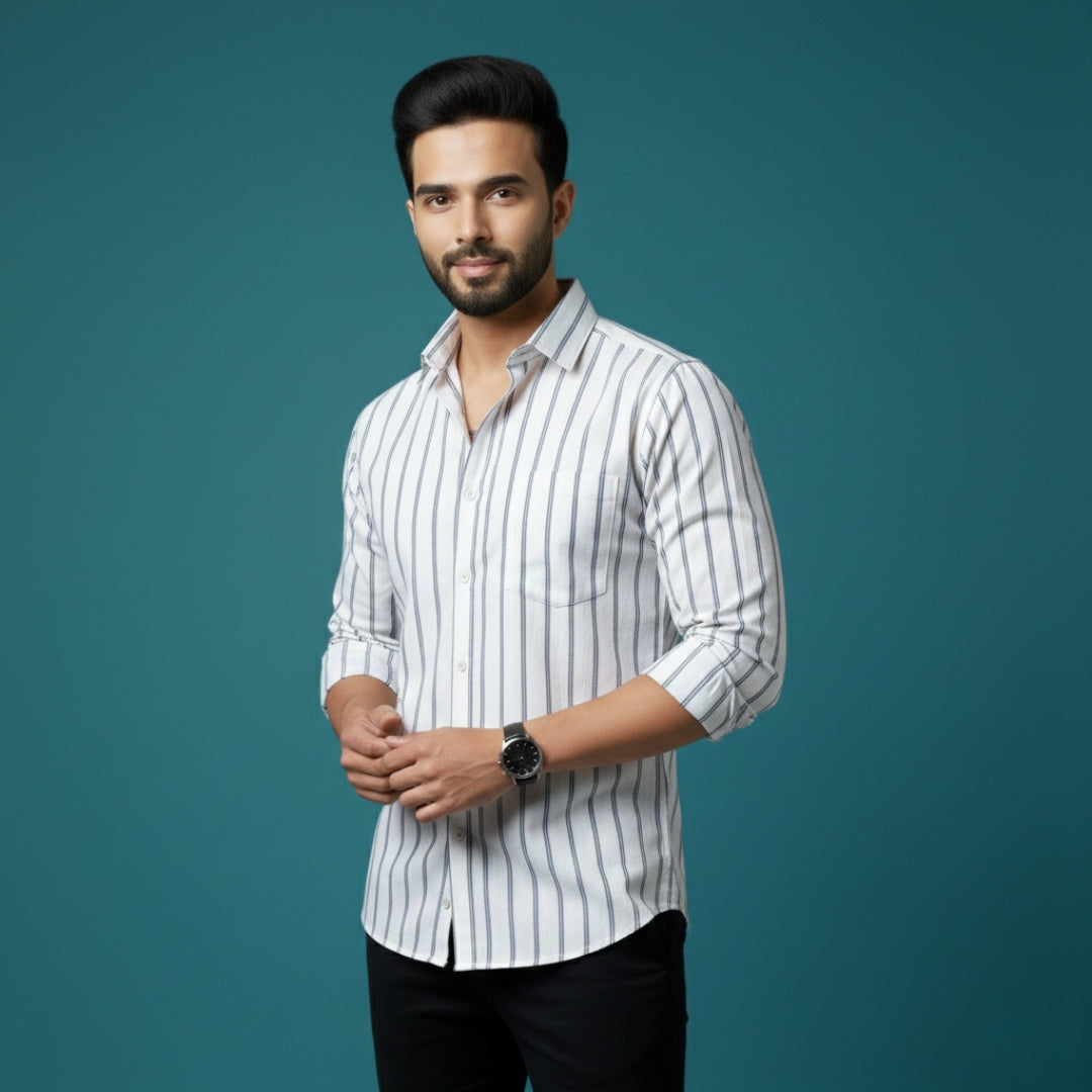 Men’s White Black Stripe Cotton Satin Shirt | 100% Cotton | Round Neck with Collar | Smart Casual Wear