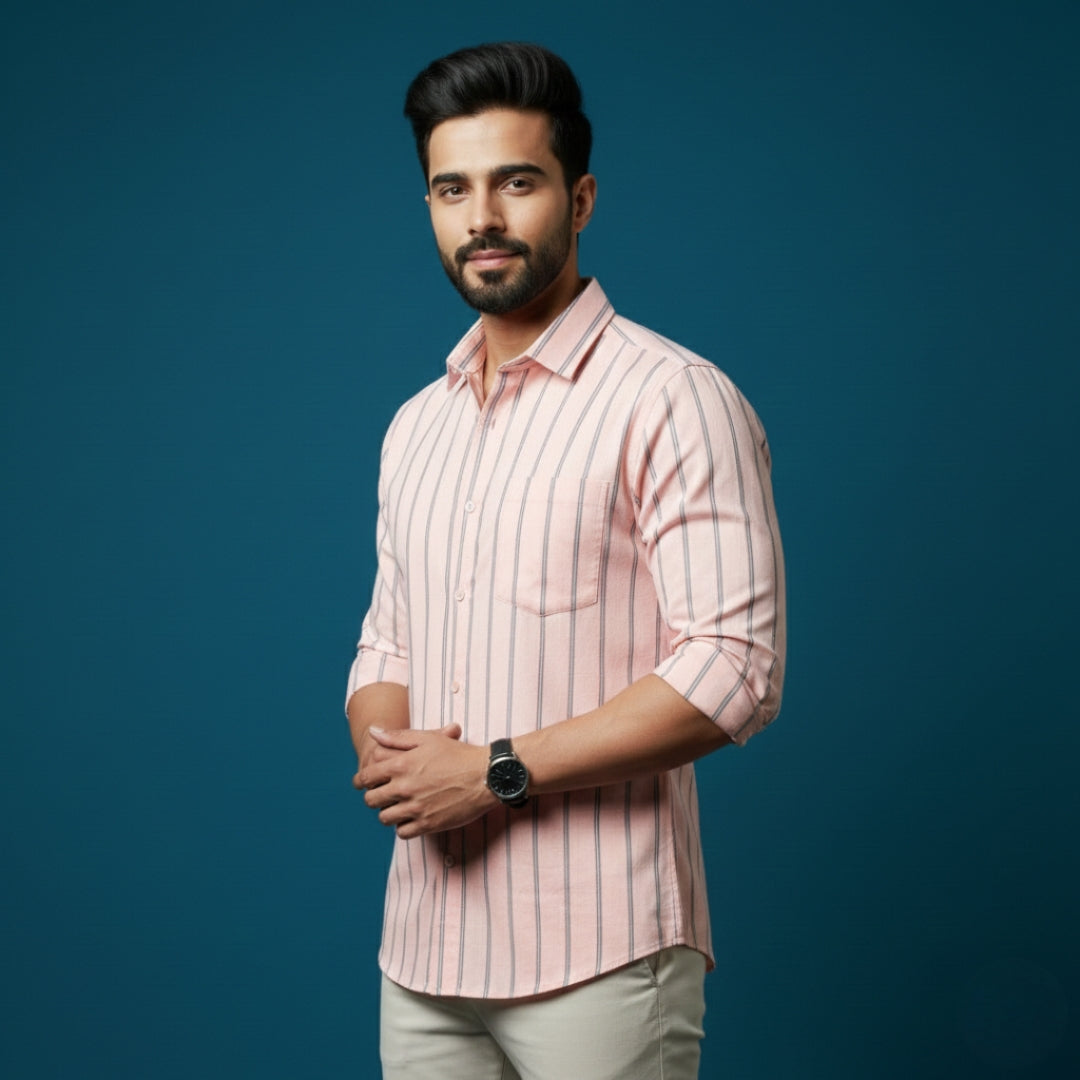 Men’s Peach Stripe Cotton Satin Shirt | 100% Cotton | Round Neck with Collar | Smart Casual Wear
