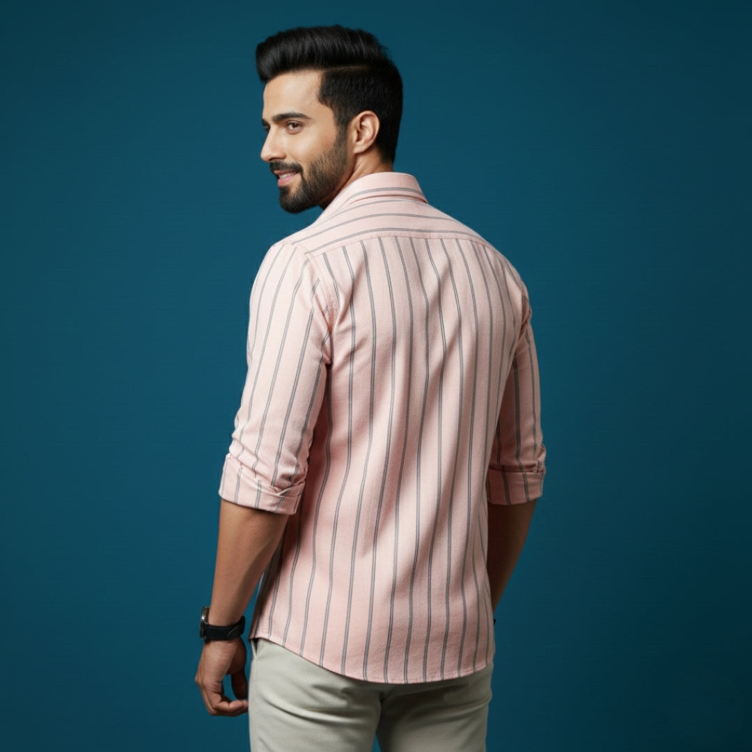 Men’s Smart Casual Outfit | Peach Stripe Cotton Satin Shirt + Off-White Cotton Satin Chinos | Slim Fit Premium Combo
