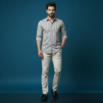 Grey Stripe Cotton Satin Shirt | 100% Cotton | Round Neck with Collar | Smart Casual Wear