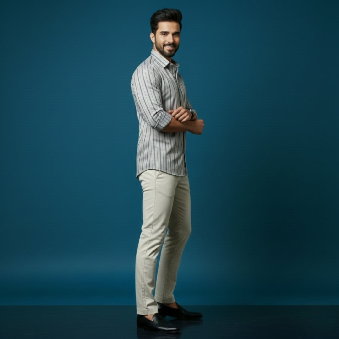 Grey Stripe Cotton Satin Shirt | 100% Cotton | Round Neck with Collar | Smart Casual Wear