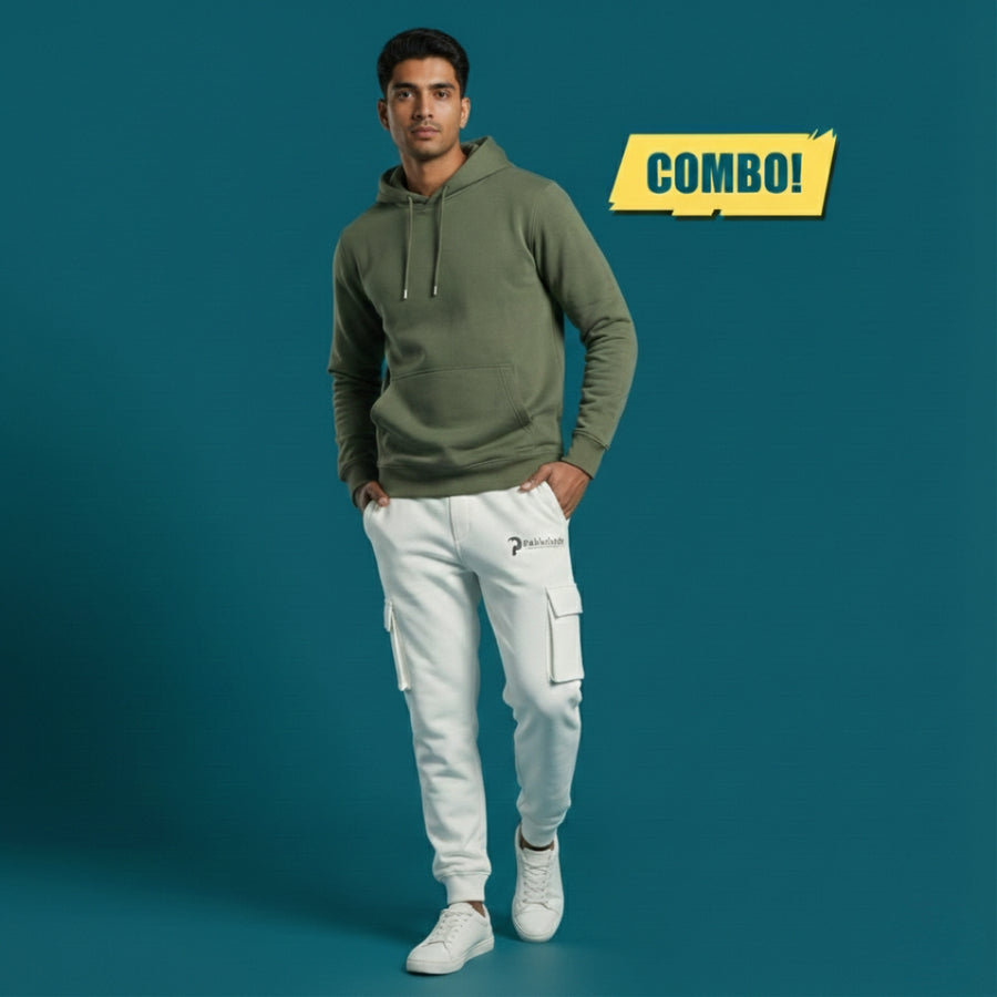 Army Green Hoodie & White Jogger Combo | Heavyweight Winter Outfit for Men