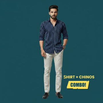 Men’s Smart Casual Outfit | Navyblue White Stripe Cotton Satin Shirt + Off-White Cotton Satin Chinos | Slim Fit Premium Combo