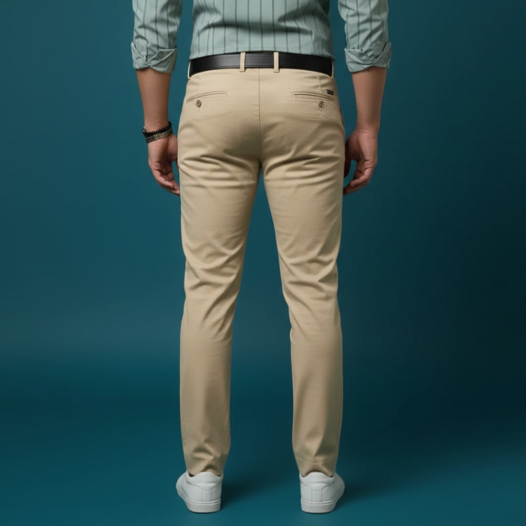 Men’s Beige Cotton Satin Chinos | 350 GSM | 100% Cotton | Stretchable Slim Fit | Smart Casual Wear