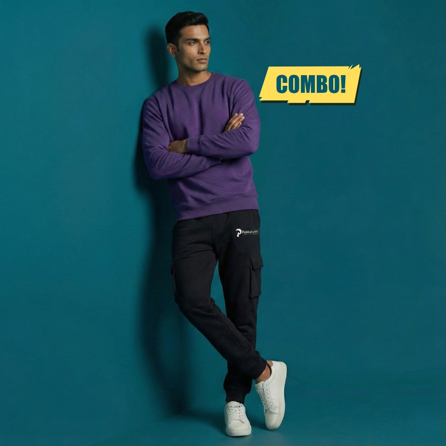Wine Purple Sweatshirt & Jet Black Jogger Combo | Heavyweight Winter Outfit for Men