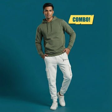 Army Green Hoodie & White Jogger Combo | Heavyweight Winter Outfit for Men