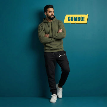 Army Green Hoodie & Jet Black Jogger Combo | Heavyweight Winter Outfit for Men