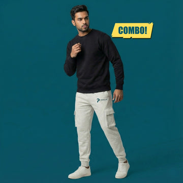 Men’s Jet Black Sweatshirt with Mélange White Joggers | Premium Winter Outfit