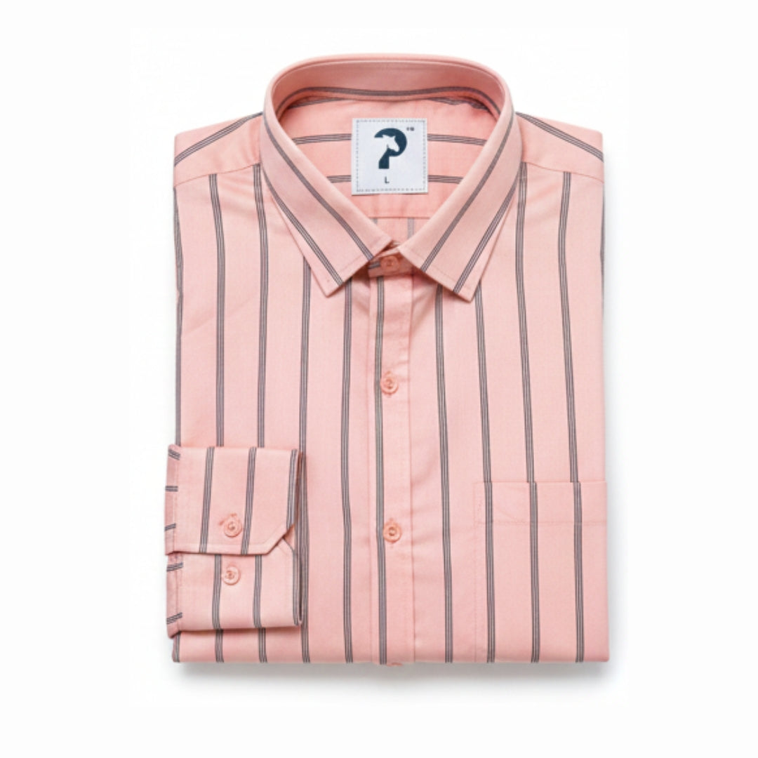 Men’s Peach Stripe Cotton Satin Shirt | 100% Cotton | Round Neck with Collar | Smart Casual Wear