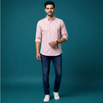 Men’s Peach Stripe Cotton Satin Shirt | 100% Cotton | Round Neck with Collar | Smart Casual Wear