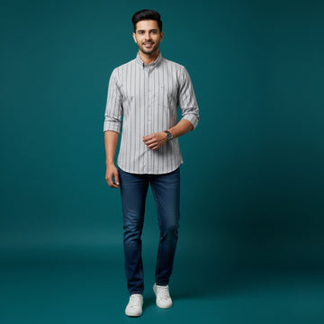Grey Stripe Cotton Satin Shirt | 100% Cotton | Round Neck with Collar | Smart Casual Wear