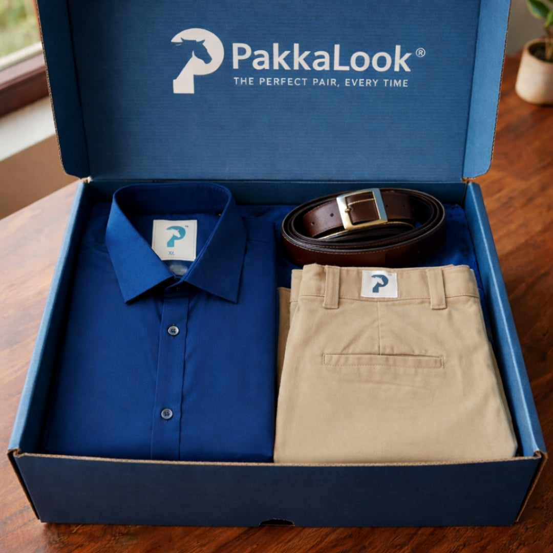 Premium Beige Cotton Satin Slim-Fit Chinos & Navy Blue Oxford Shirt – Smart Casual Outfit