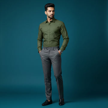 Men’s Olive Green Plain Oxford Cotton Shirt | 100% Cotton 160 GSM | Round Neck with Collar | Smart Casual Wear