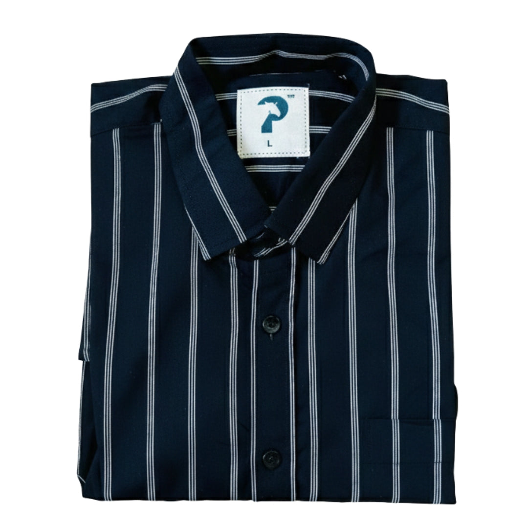 Men’s Black color White Stripe Cotton Satin Shirt | 100% Cotton | Round Neck with Collar | Smart Casual Wear