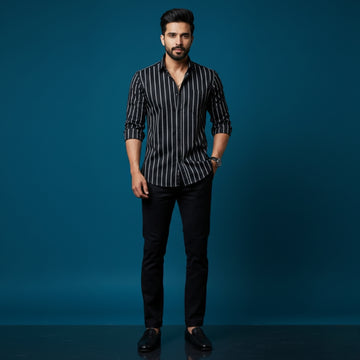Men’s Black color White Stripe Cotton Satin Shirt | 100% Cotton | Round Neck with Collar | Smart Casual Wear