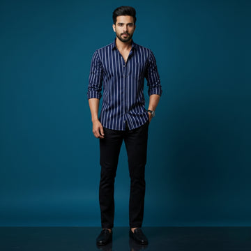 Men’s Navy Blue White Stripe Cotton Satin Shirt | 100% Cotton | Round Neck with Collar | Smart Casual Wear