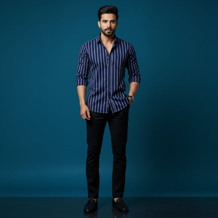 Navy Blue & White Striped Cotton Satin Shirt — Slim Fit, Full Sleeves