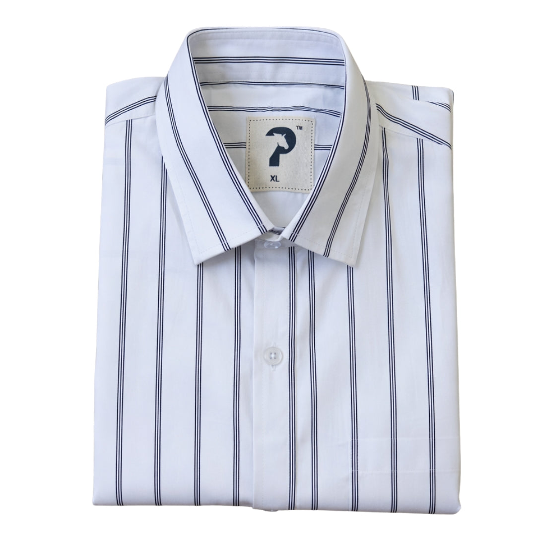 Men’s White Black Stripe Cotton Satin Shirt | 100% Cotton | Round Neck with Collar | Smart Casual Wear