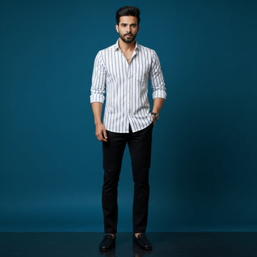 Men’s White Black Stripe Cotton Satin Shirt | 100% Cotton | Round Neck with Collar | Smart Casual Wear