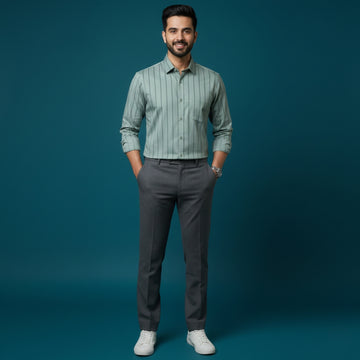 Men’s Green Black Stripe Cotton Satin Shirt | 100% Cotton | Round Neck with Collar | Smart Casual Wear