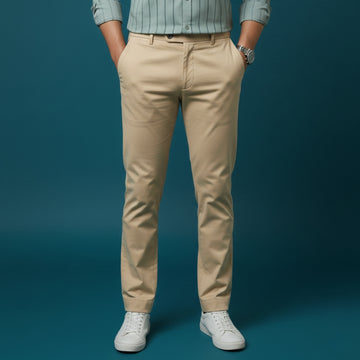Men’s Beige Cotton Satin Chinos | 350 GSM | 100% Cotton | Stretchable Slim Fit | Smart Casual Wear