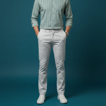 Men’s Off-White Cotton Satin Chinos | 350 GSM | 100% Cotton | Stretchable Slim Fit | Smart Casual Wear