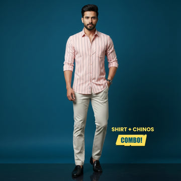 Men’s Smart Casual Outfit | Peach Stripe Cotton Satin Shirt + Off-White Cotton Satin Chinos | Slim Fit Premium Combo