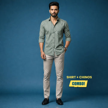 Men’s Smart Casual Outfit | Green Black Stripe Cotton Satin Shirt + Off-White Cotton Satin Chinos | Slim Fit | Premium Combo