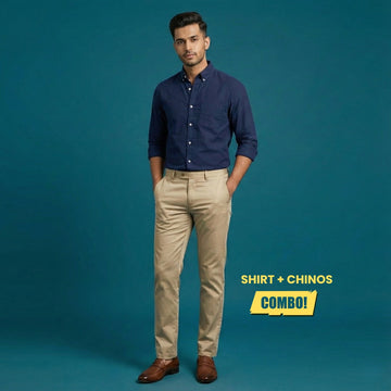 Premium Beige Cotton Satin Slim-Fit Chinos & Navy Blue Oxford Shirt – Smart Casual Outfit