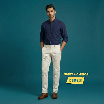 Premium Off-White Cotton Satin Chinos & Navy Blue Oxford Shirt – Smart Casual Outfit