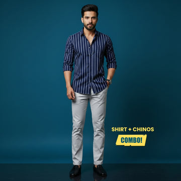 Men’s Smart Casual Outfit | Black White Stripe Cotton Satin Shirt + Off-White Cotton Satin Chinos | Slim Fit Premium Combo