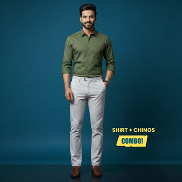Men’s Smart Casual Outfit | Olive Green Oxford Cotton Shirt + Off-White Cotton Satin Chinos | Slim Fit Premium Combo