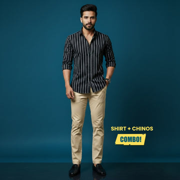 Men’s Smart Casual Outfit | Black White Stripe Cotton Satin Shirt + Beige Cotton Satin Chinos | Slim Fit Premium Combo