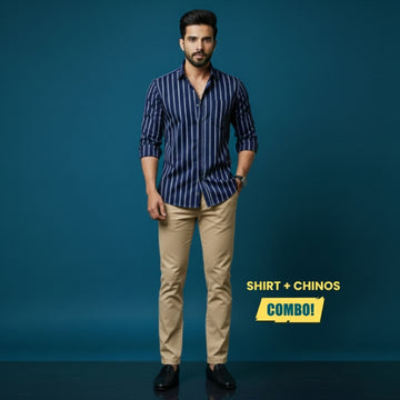 Men’s Smart Casual Outfit | Navy Blue White Stripe Cotton Satin Shirt + Beige Cotton Satin Chinos | Slim Fit Premium Combo