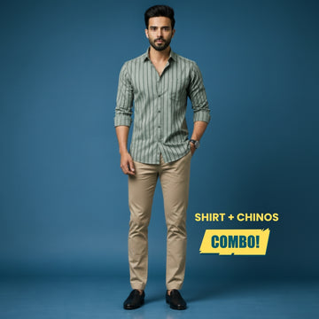 Men’s Smart Casual Outfit | Olive Green Black Stripe Cotton Satin Shirt + Beige Cotton Satin Chinos | Slim Fit Premium Combo