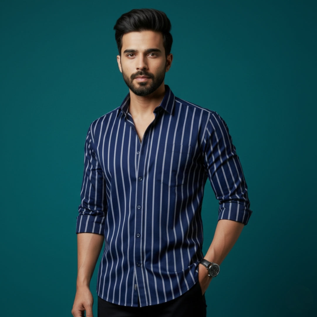 Men’s Navy Blue White Stripe Cotton Satin Shirt | 100% Cotton | Round Neck with Collar | Smart Casual Wear