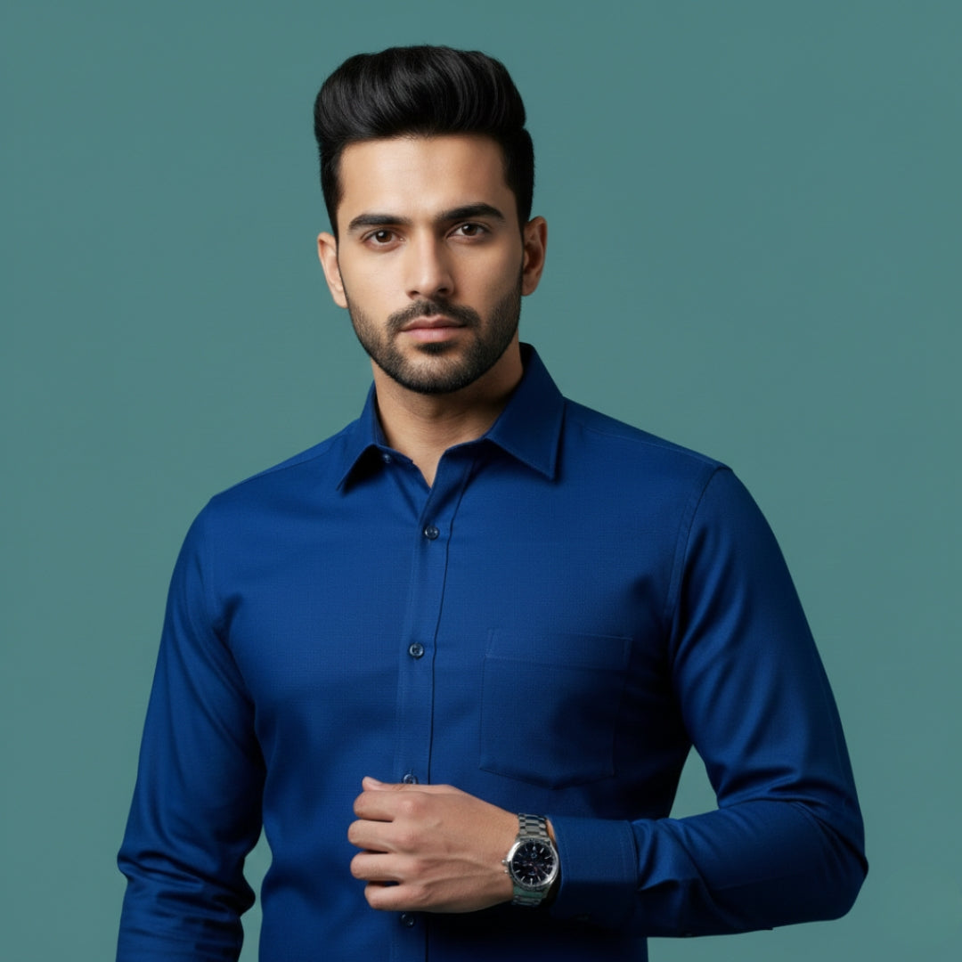 Men’s Navy Blue Plain Oxford Cotton Shirt | 100% Cotton 160 GSM | Round Neck with Collar | Smart Casual Wear