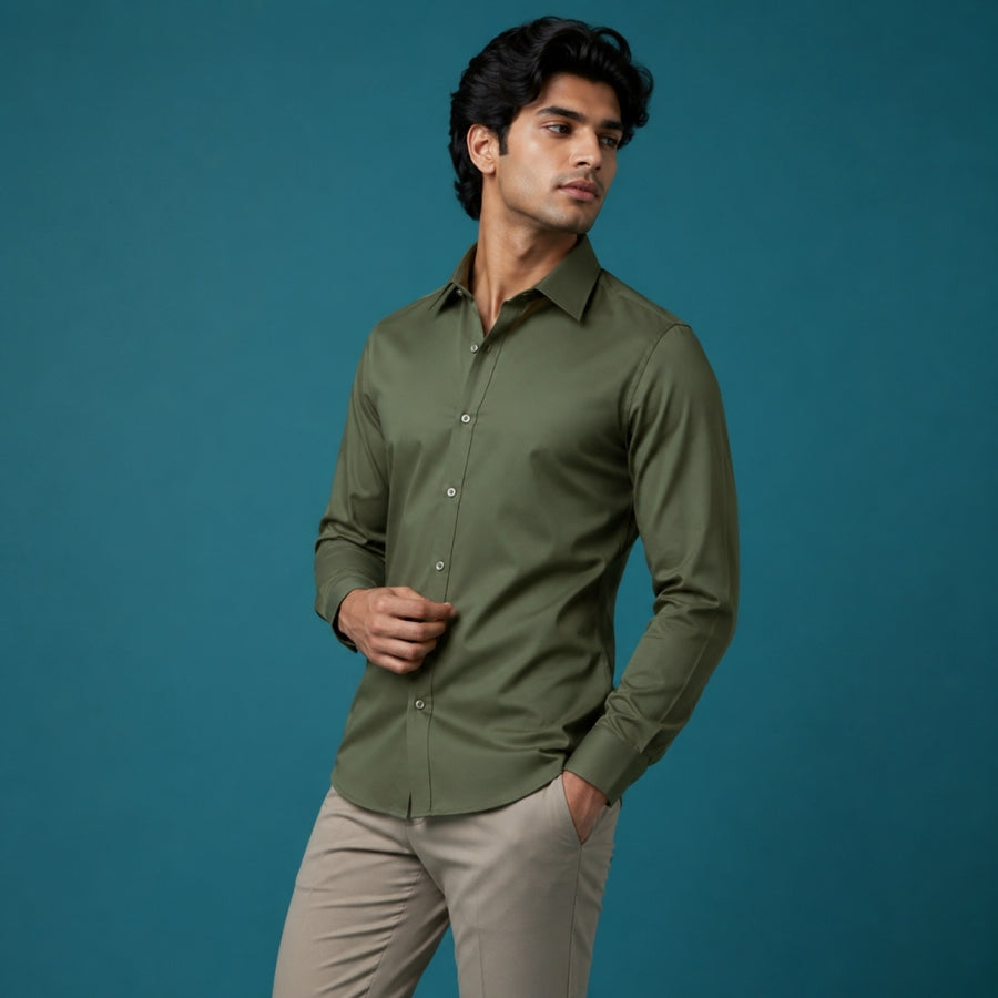 Olive Green Plain Oxford Cotton Shirt — 160 GSM