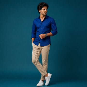 Men’s Navy Blue Plain Oxford Cotton Shirt | 100% Cotton 160 GSM | Round Neck with Collar | Smart Casual Wear