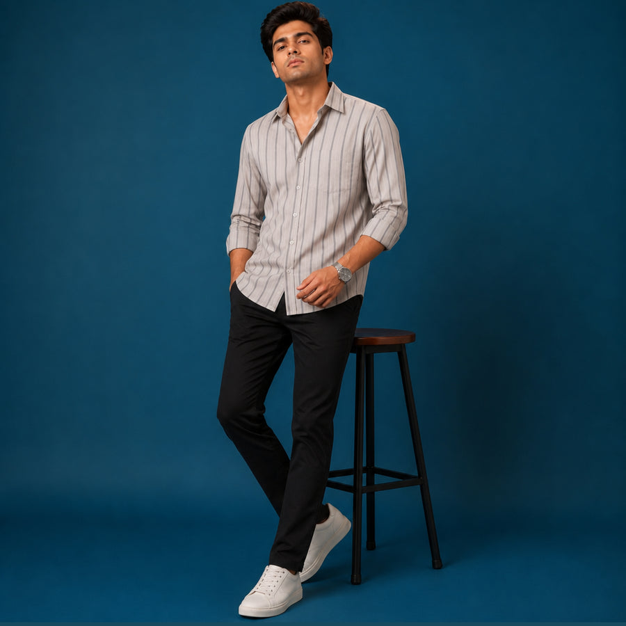 Grey Striped Cotton Satin Shirt — Slim Fit, Full Sleeves
