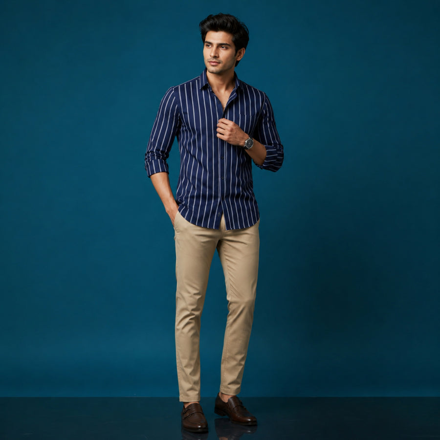 Navy Blue & White Striped Cotton Satin Shirt — Slim Fit, Full Sleeves